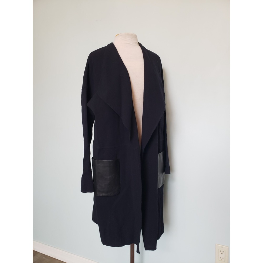 Apostrophe Womens‎ 42 L 100% Wool Coat Belted Lambskin Leather Pockets Dark Navy - Picture 10 of 13